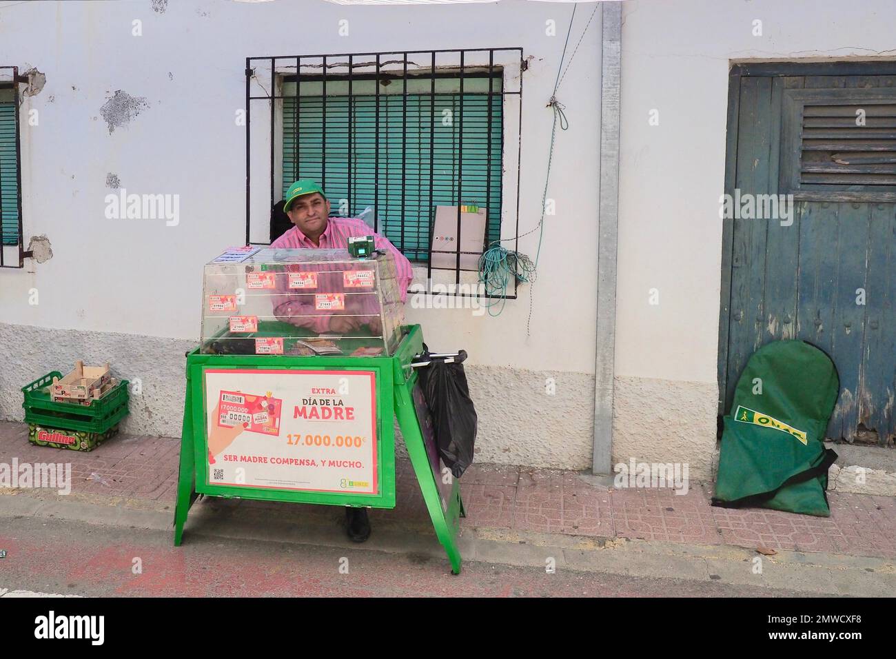 El Gordo lottery ticket seller with stall in village, Villaricos, Andalucia, Spain Stock Photo