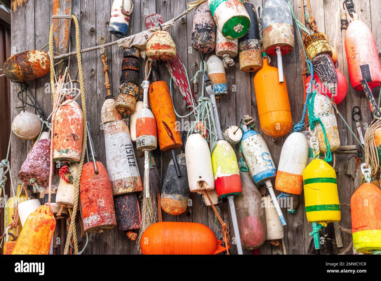 Colorful fishing buoys near Dipper Harbour, New Brunswick, Canada Stock