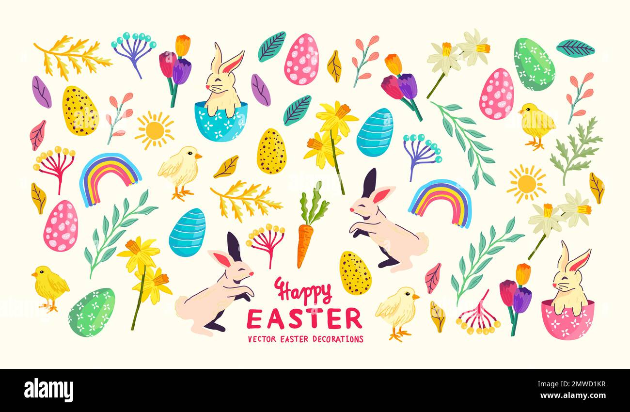 Bright easter celebrations collection with eggs, rabbits and floral decorations! Vector illustration Stock Vector