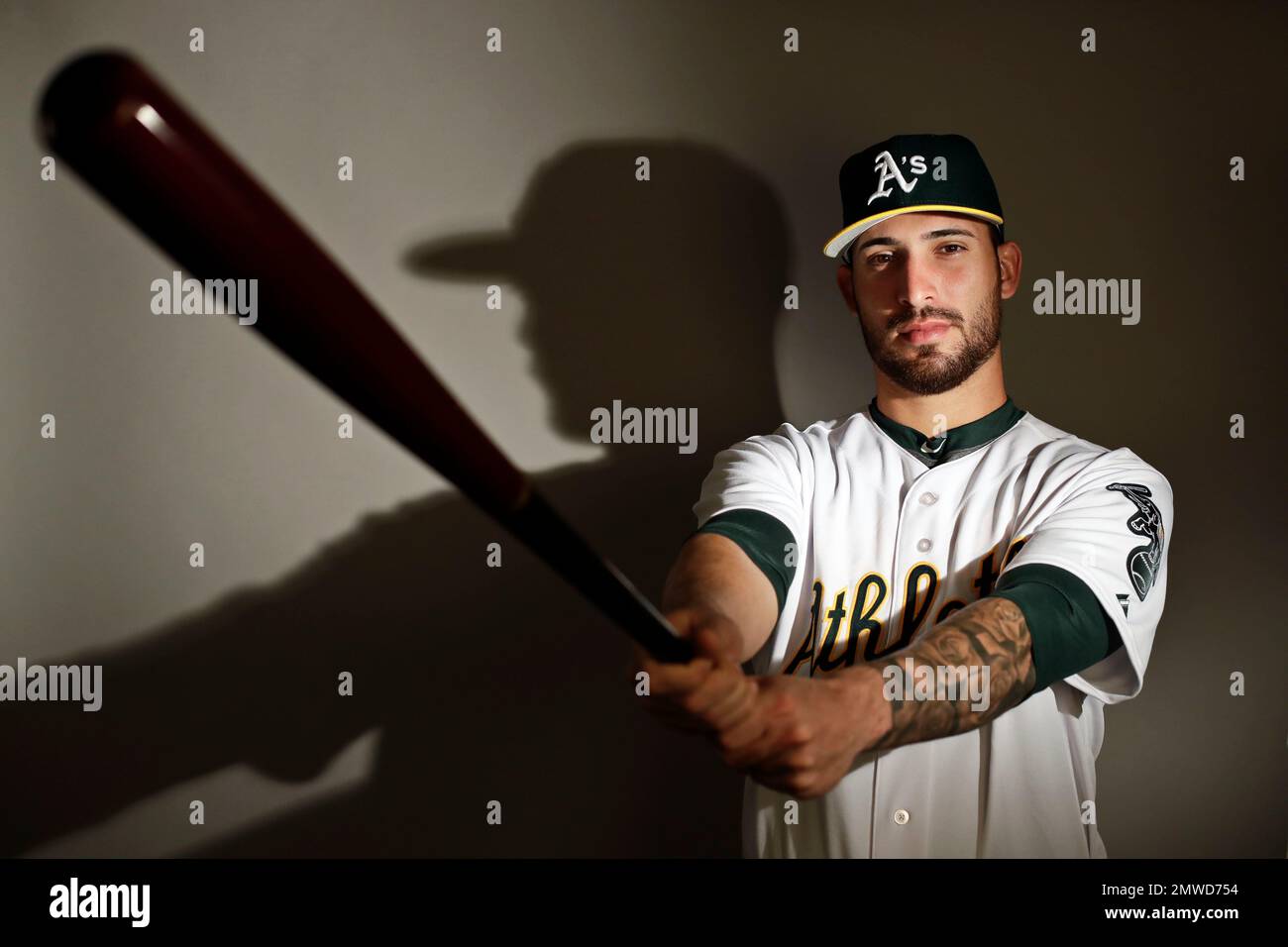 This is a 2017 photo of first baseman Rangel Ravelo of the Oakland Athletics baseball team poses