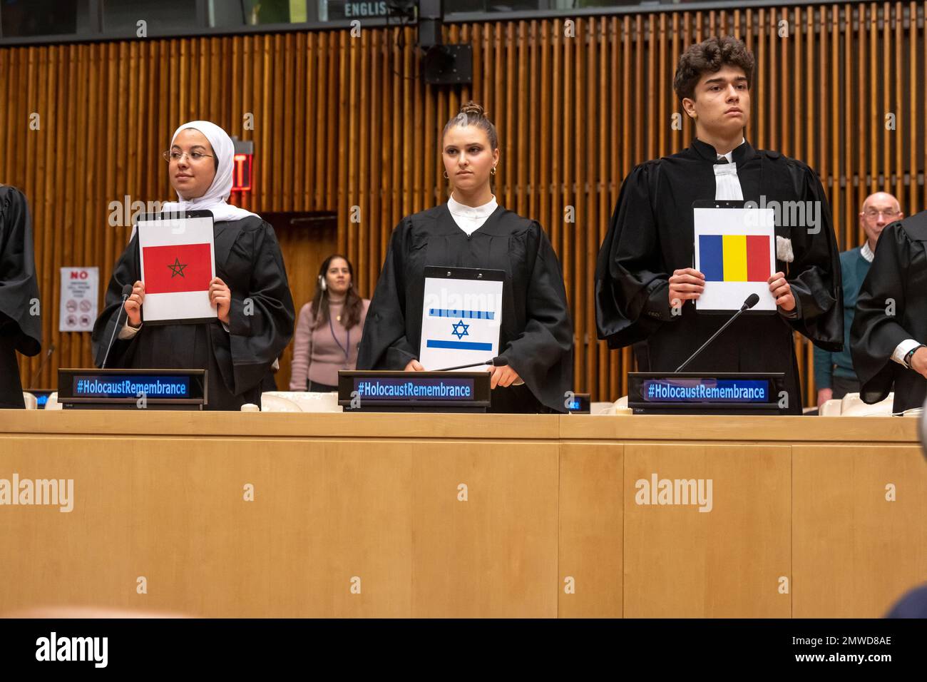 New York, New York, USA. 3rd Mar, 2023. (NEW) International Mock Trial on Human Rights. January 31, 2023, New York, New York, USA: Students from multiple counties participate at a special event International Mock Trial on Human Rights on the occasion of the International Day of Commemoration in Memory of the Victims of the Holocaust (27 Jan) at the New York United Nations Headquarters on January 31, 2023 in New York City. The participants, student from several countries, interrogate the actions and responsibilities of Ernst R  din, the so-called father of Nazi Racial Hygiene. (Credit Stock Photo