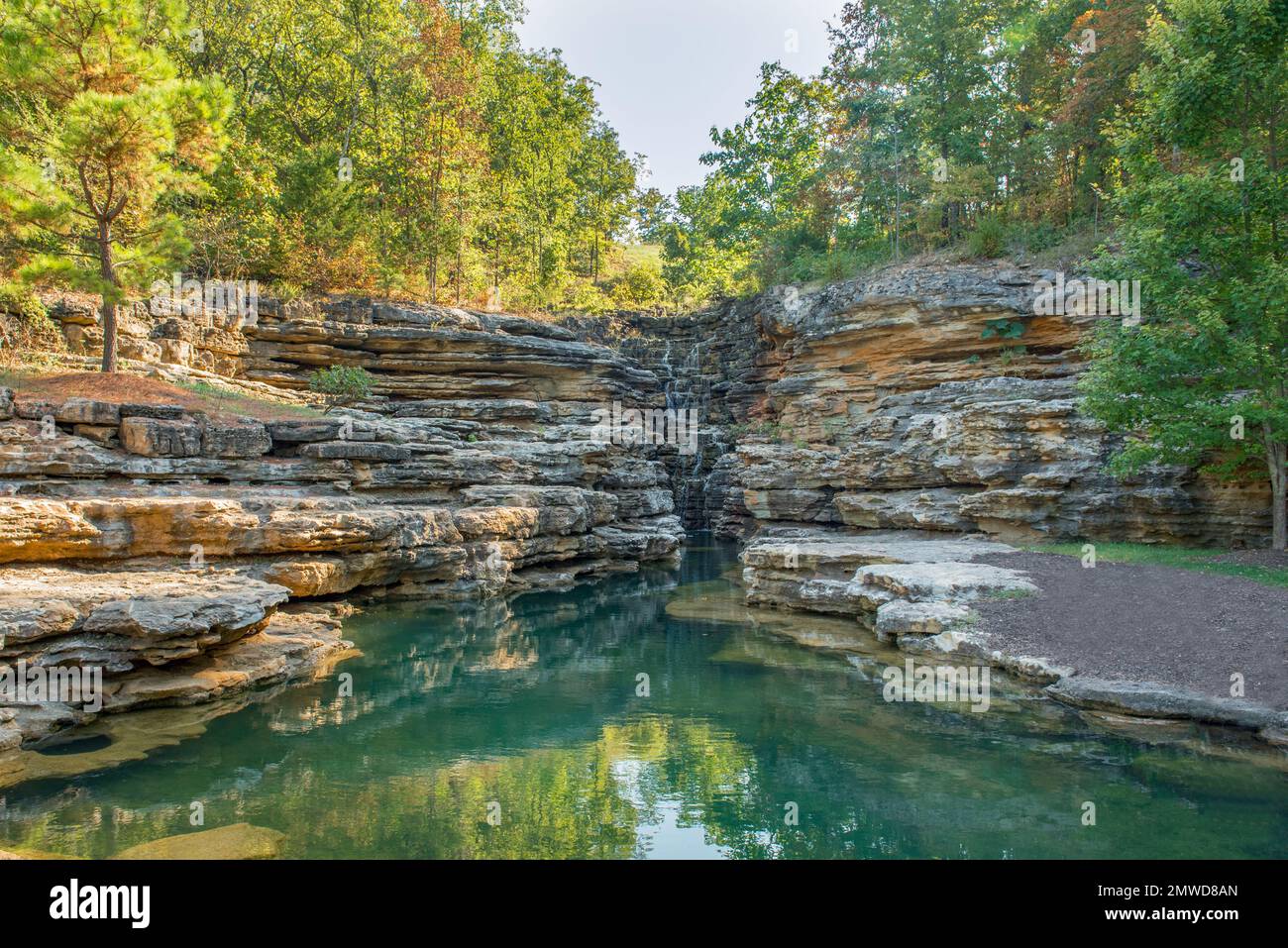 A waterfall located at the top of the Rock in Ridgedale, Missouri Stock