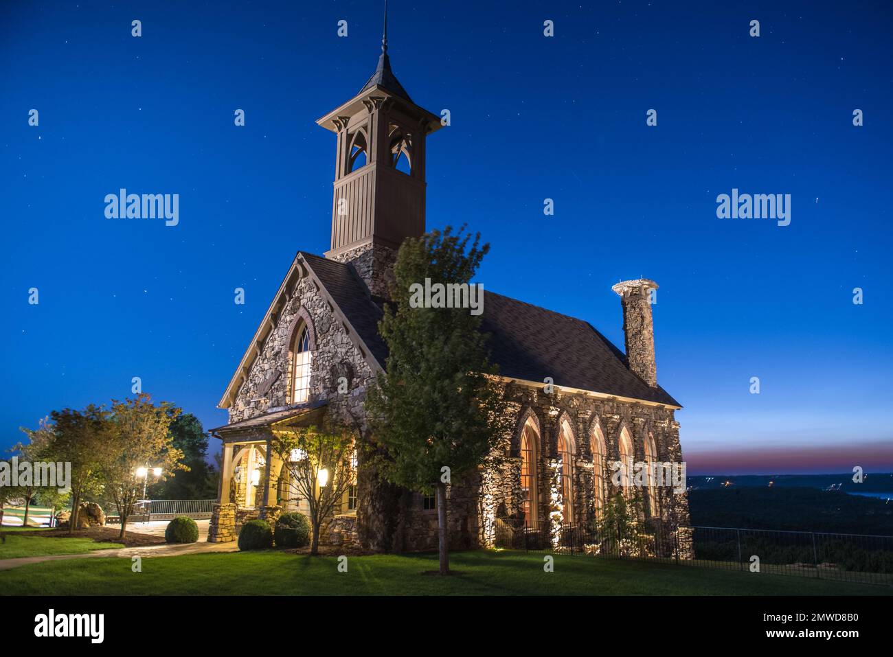 The Chapel of the Ozarks at Big Cedar Lodge at sunset in Ridgedale