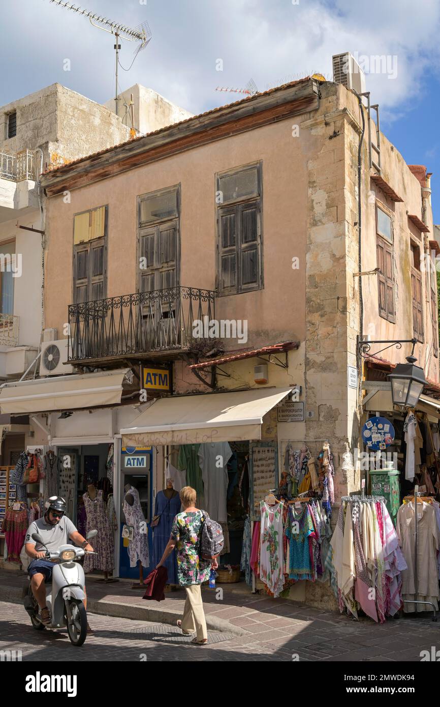 Old building, shopping street, shops, tourists, Mavrokordatou Alexanrou, Old Town, Rethymno, Crete, Greece Stock Photo