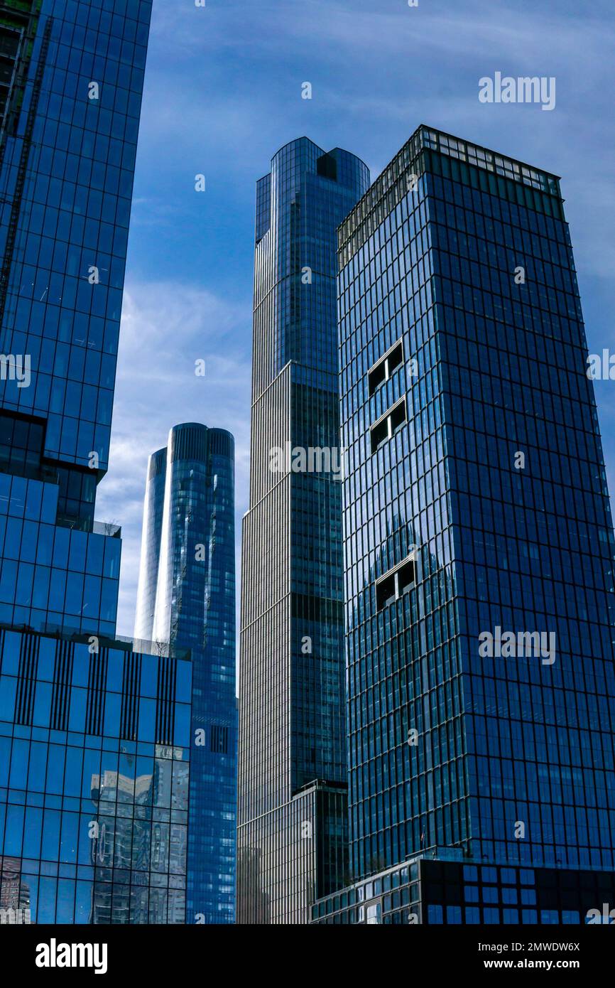 New York, NY - USA - Jan 28, 2023 Vertical view of the revitalized westside Manhattan neighborhood . Featuring the mixed use modern skyscrapers 35 Hud Stock Photo