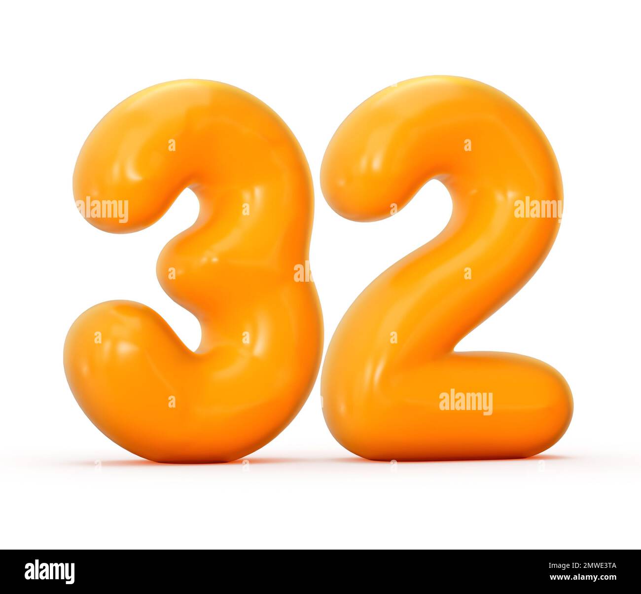 A 3D illustration of a Glossy orange jelly number 32 isolated on a white background Stock Photo
