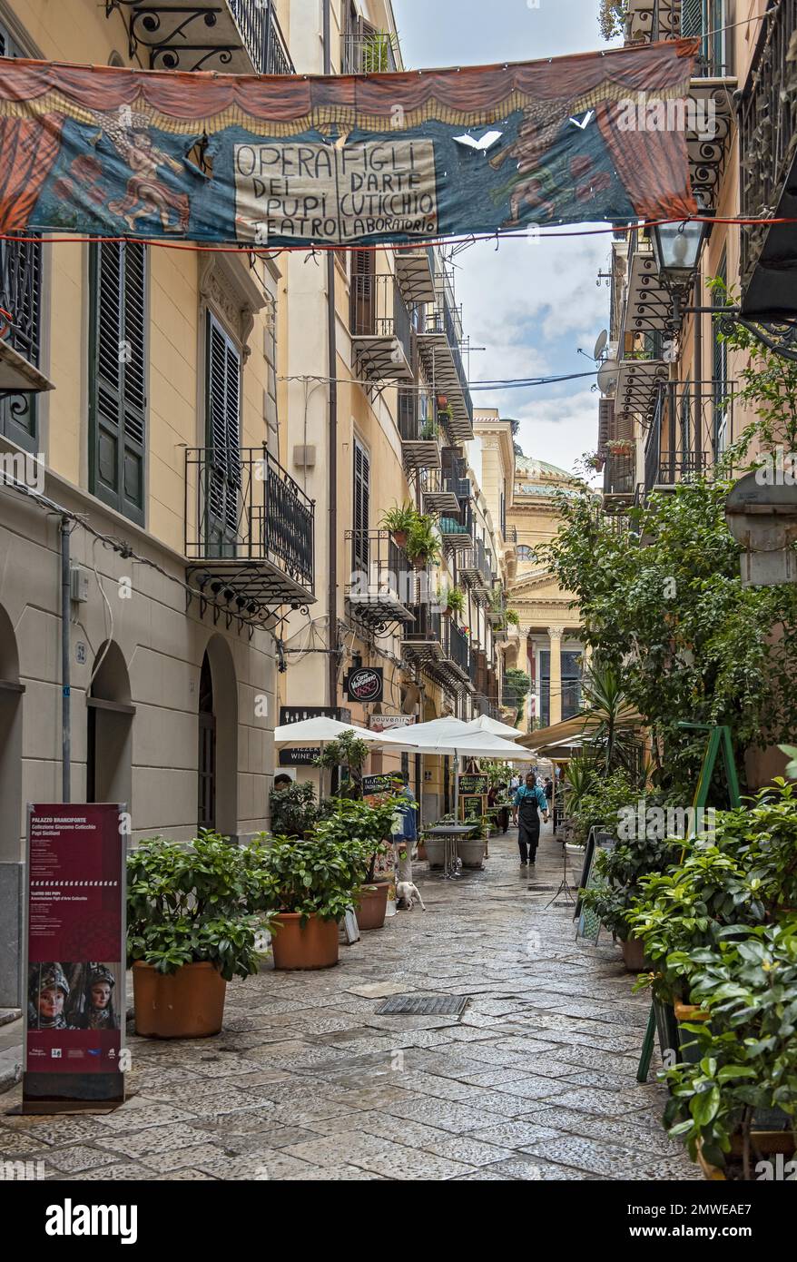 Narrow street with bars, cafes and restaurants, Palermo, Sicily, Italy Stock Photo