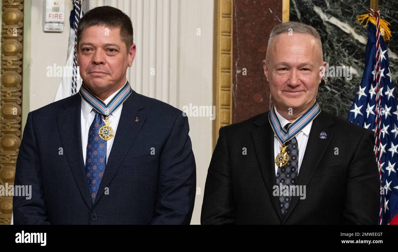 Washington, United States Of America. 31st Jan, 2023. Washington, United States of America. 31 January, 2023. Former NASA astronauts Robert Behnken, left, and Douglas Hurley stand together after being awarded the Congressional Space Medal of Honor during a ceremony in the Indian Treaty Room of the Eisenhower Executive Office Building at the White House, January 31, 2023 in Washington, DC Hurley and Behnken were awarded the medal for bravery in the NASA SpaceX Demonstration Mission-2 to the International Space Station. Credit: Joel Kowsky/NASA/Alamy Live News Stock Photo