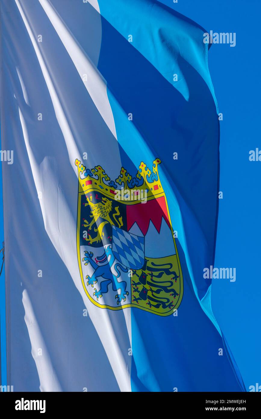 Flag white-blue with Bavarian coat of arms, Bavaria, Germany Stock Photo