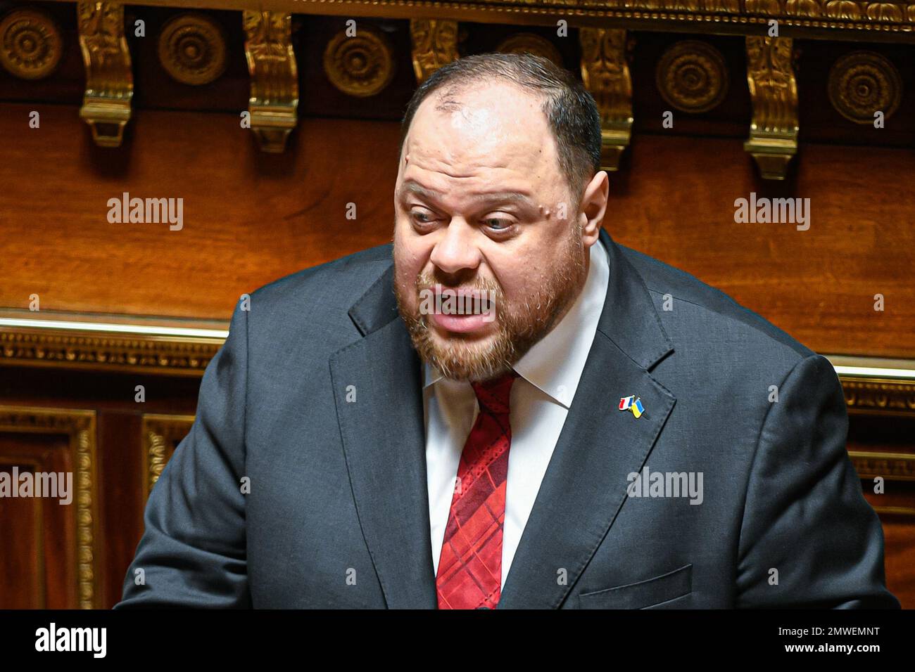 Paris, France on February 1, 2023. Speech by Ruslan Stefantchuk (Rouslan Stefantchouk), chairman of the Ukrainian parliament (president of the Rada of Ukraine) in the French Senate, in Paris, France on February 1, 2023. Photo by Victor Joly/ABACAPRESS.COM Stock Photo