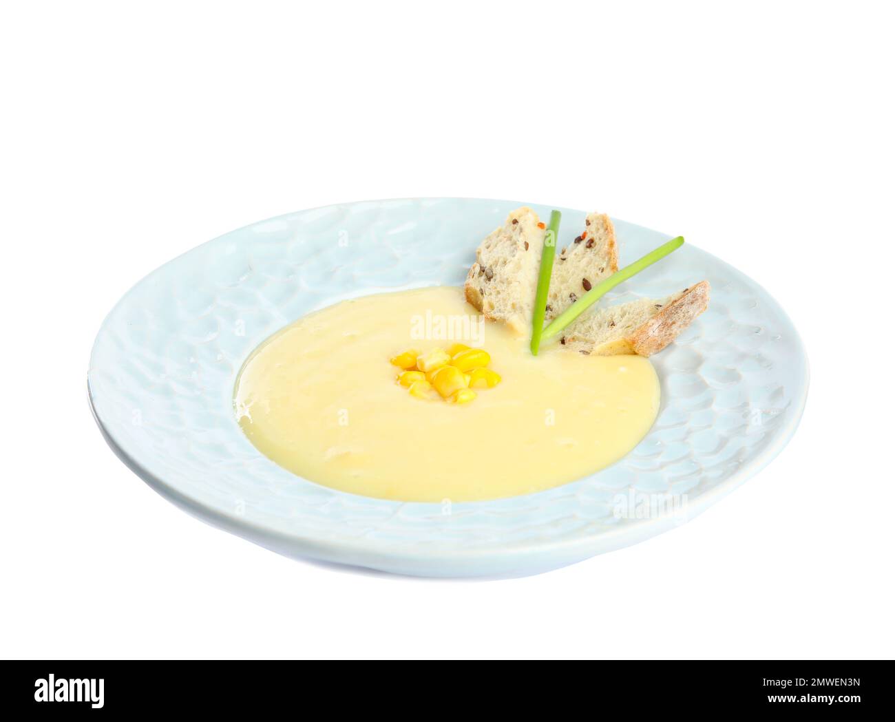 Delicious corn cream soup isolated on white Stock Photo - Alamy