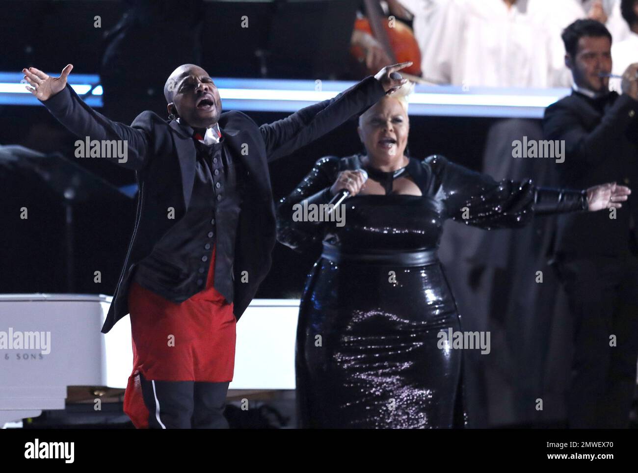 Kirk Franklin, left, and Tamela Mann perform at the 59th annual Grammy