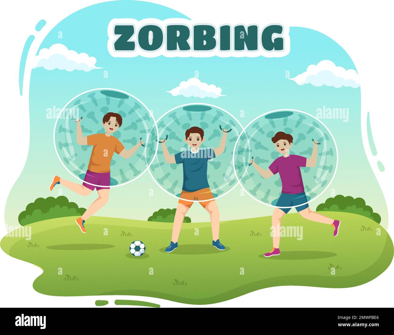 Zorbing Illustration with People Playing Bubble Bump on Green Field or Pool for Web Banner or Landing Page in Flat Cartoon Hand Drawn Templates Stock Vector