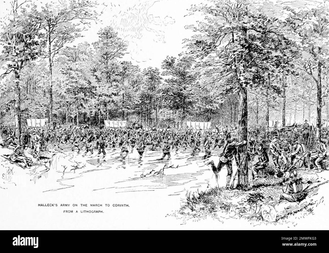 he siege of Corinth (also known as the First Battle of Corinth) was an American Civil War engagement lasting from April 29 to May 30, 1862, in Corinth, Mississippi. This image depicts General Halleck's army marching towards Corinth. Stock Photo