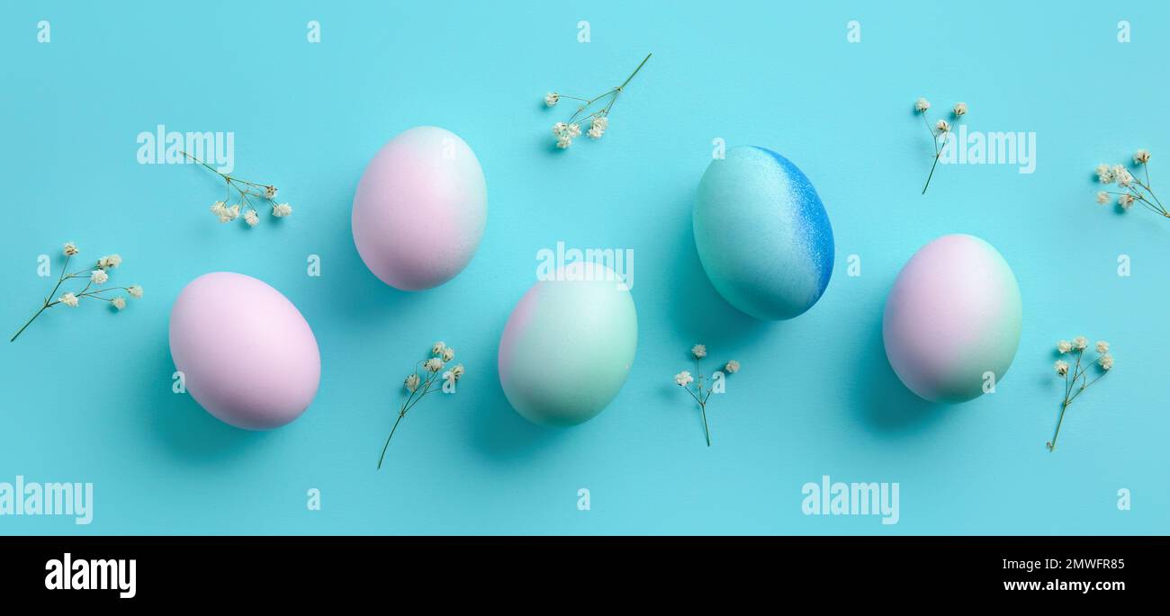 Beautiful Easter eggs and flowers on light blue background Stock Photo ...
