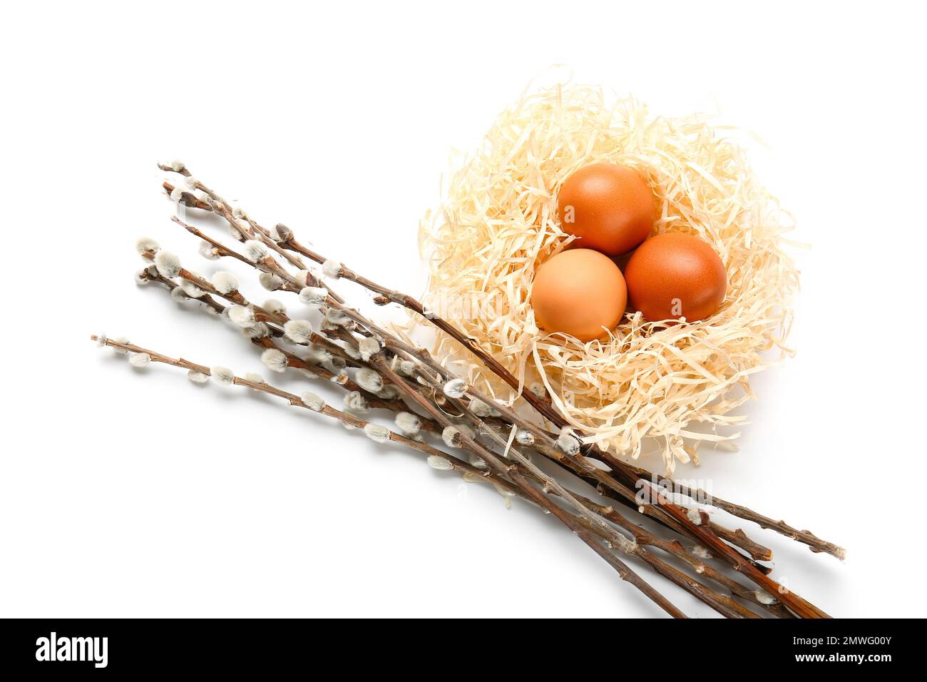 Nest with Easter eggs and willow branches on white background Stock ...