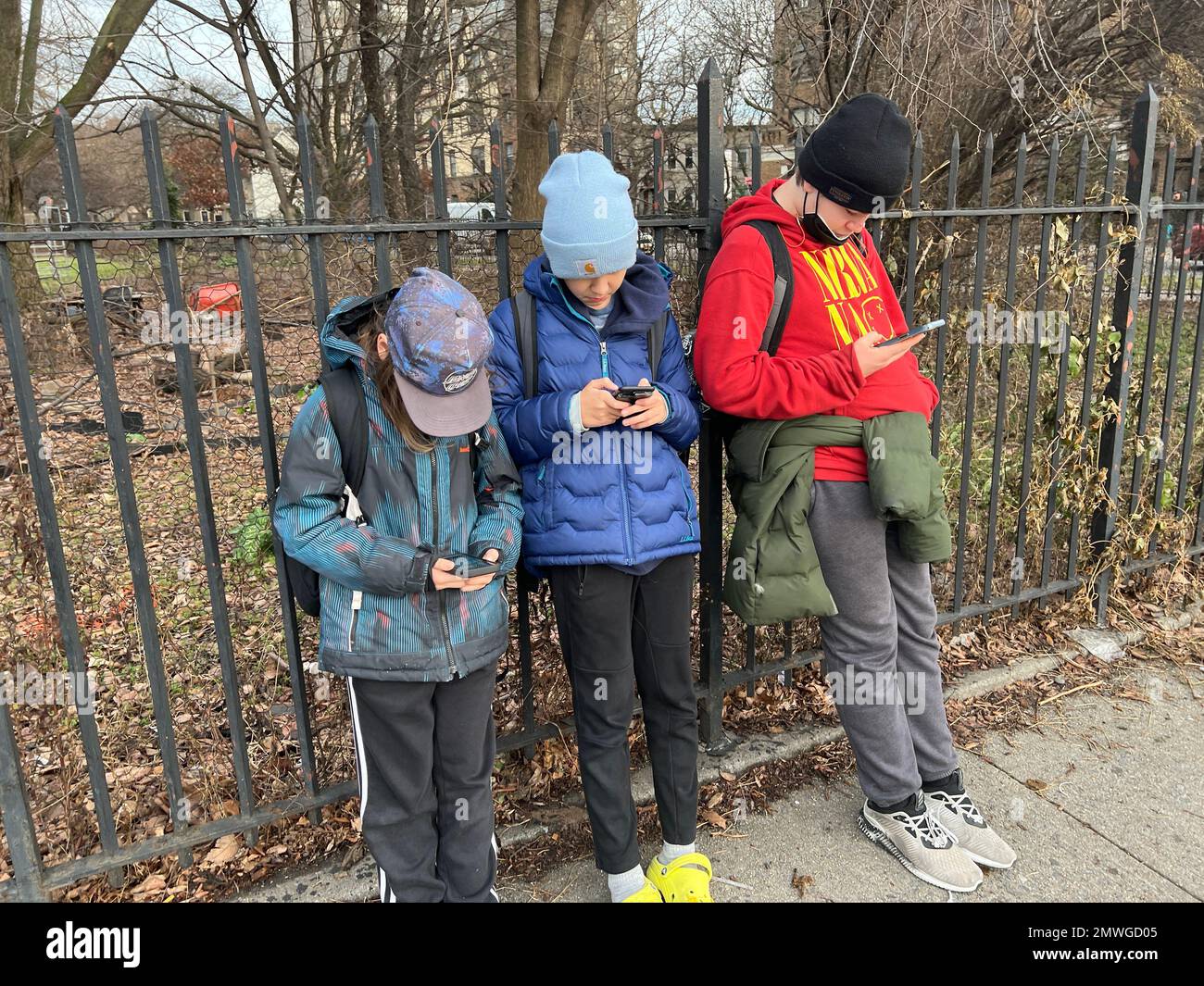 School boys glued to their phones waiting for a city bus to go home after school on Coney Island Avenue at the Parade Grounds in Brooklyn, New York. Stock Photo