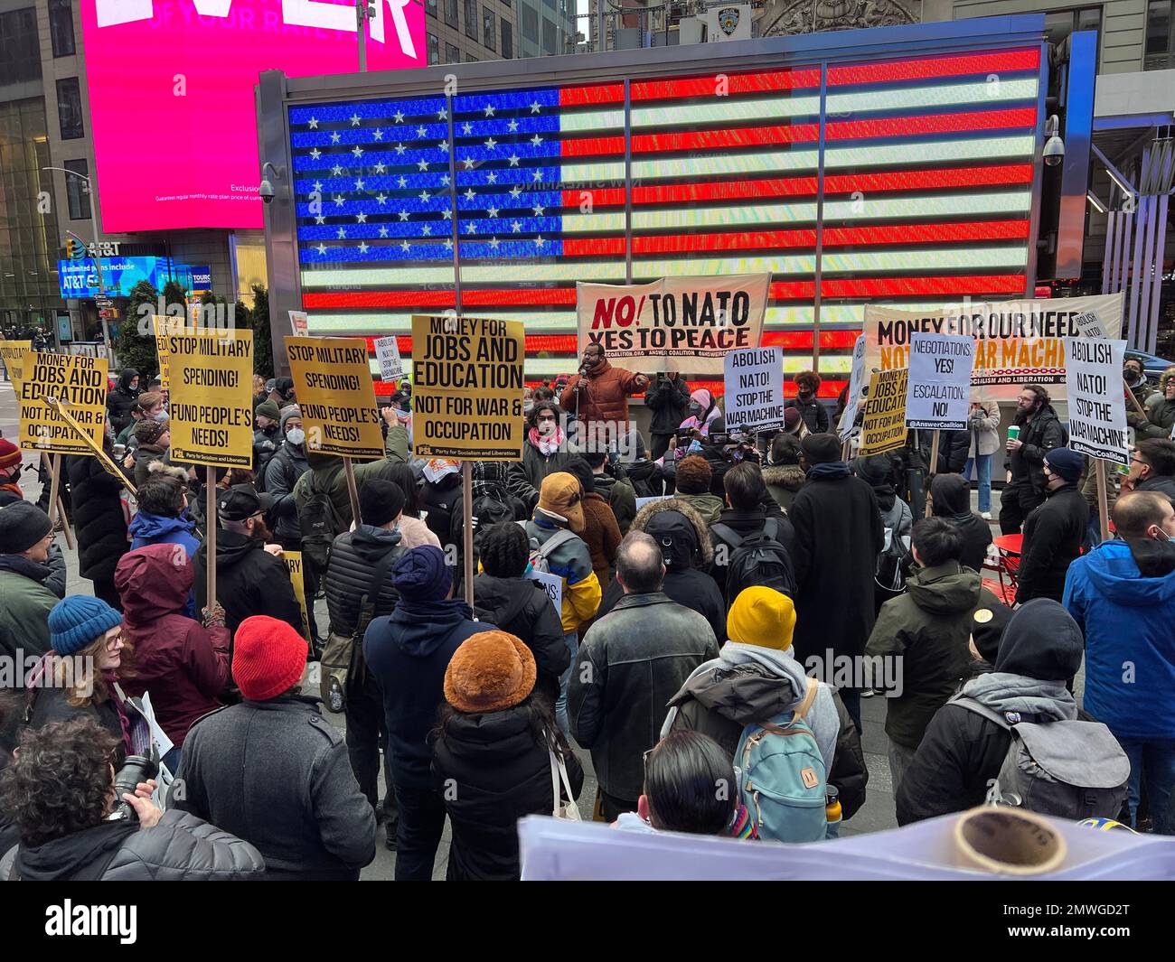 Peace activists and anti-militarists looking for negotiations in Ukraine rather than NATO escelating the war rally in Times Square by the military recruitment center in New York CIty during Martin Luther King Day weekend. Stock Photo