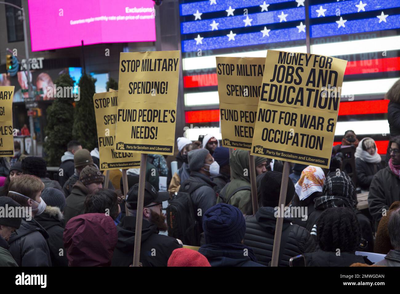 Peace activists and anti-militarists looking for negotiations in Ukraine rather than NATO escelating the war rally in Times Square in New York CIty during Martin Luther King Day weekend. Stock Photo