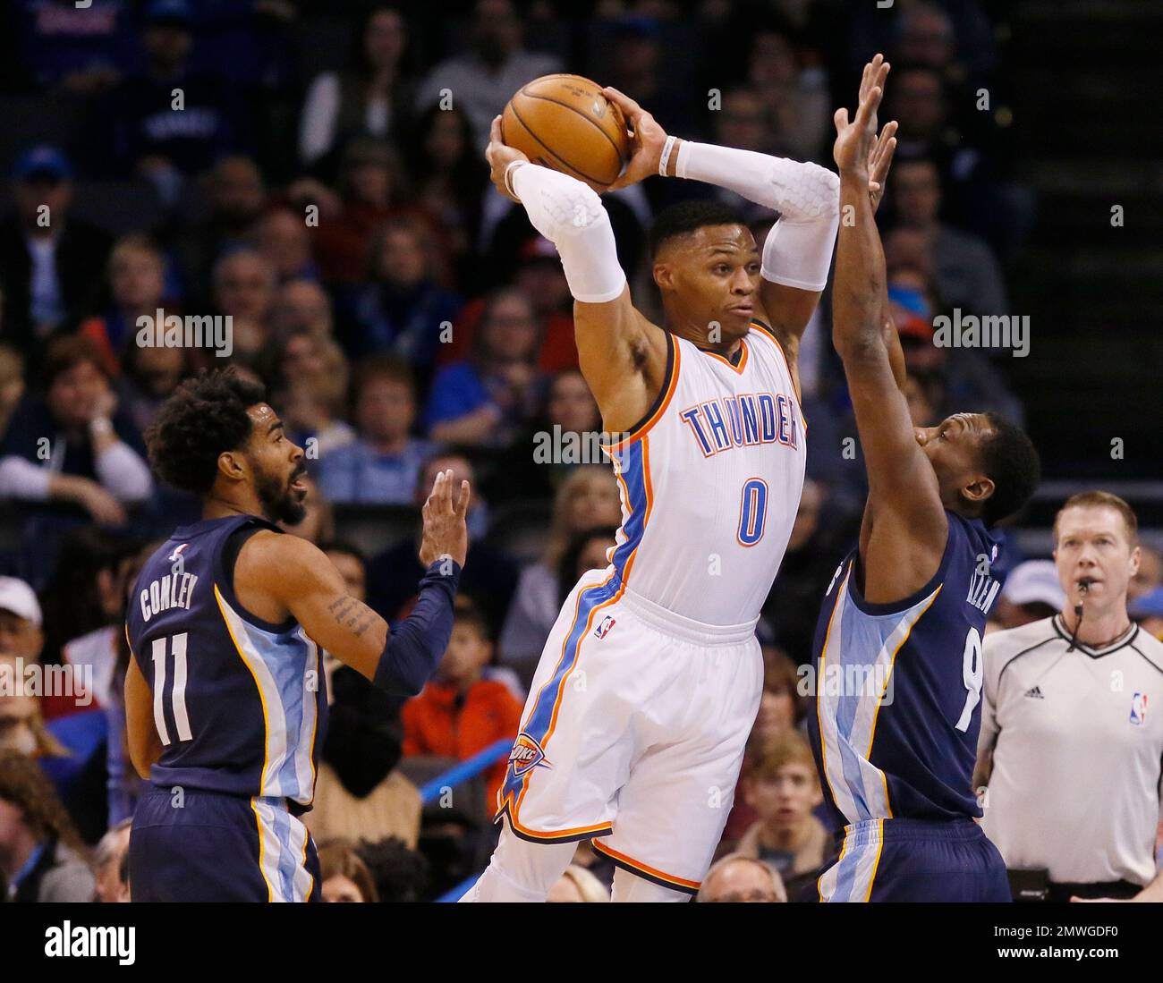 Oklahoma City Thunder Guard Russell Westbrook (0) Passes Between ...