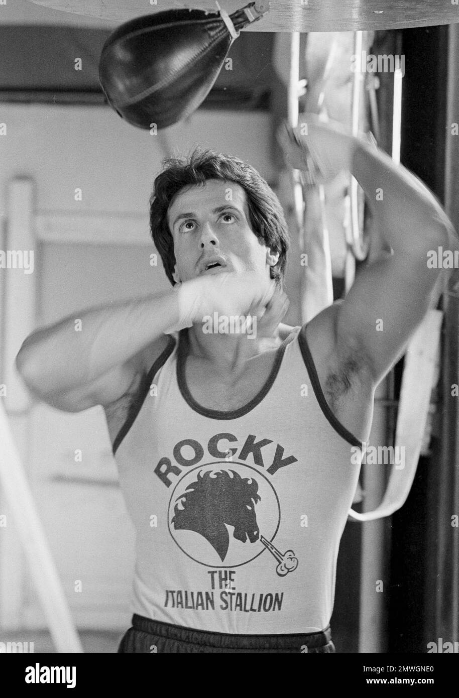 Actor Sylvester Stallone works over a punching bag in Los Angeles, Feb ...