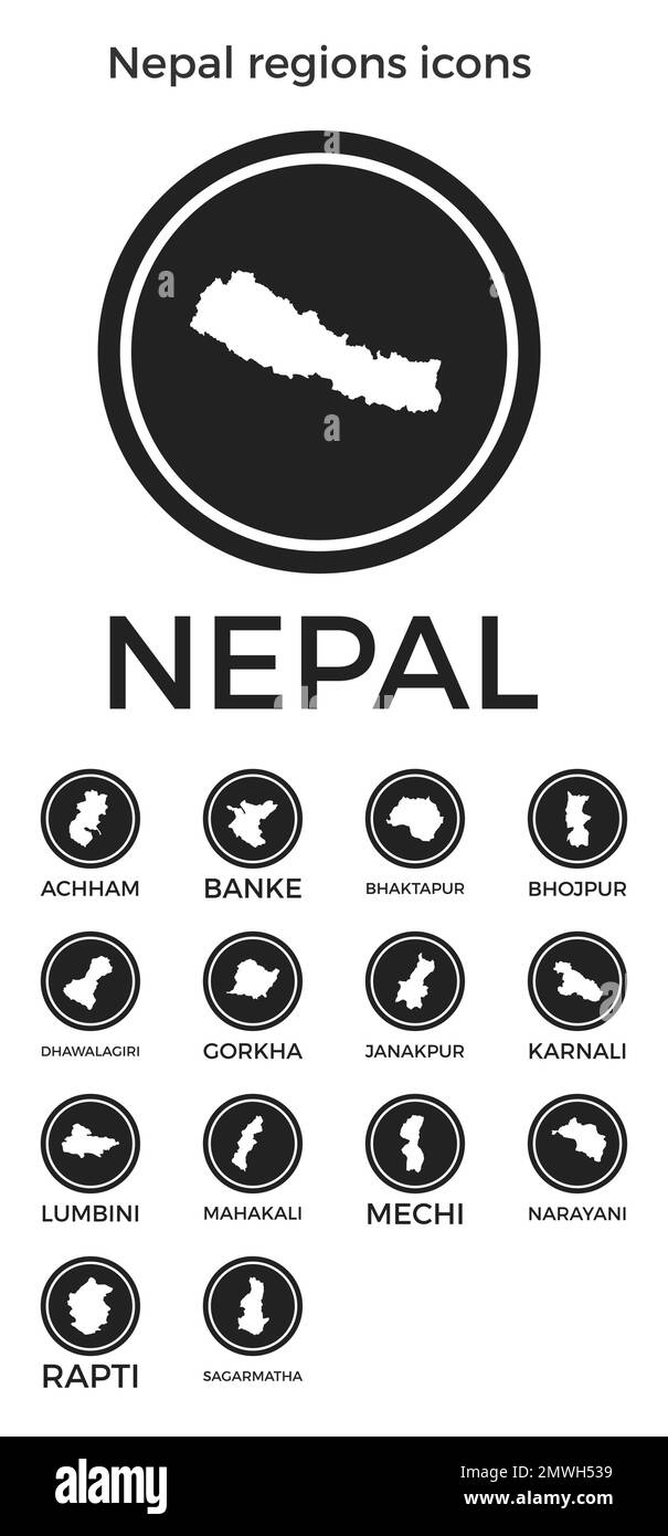 Nepal regions icons. Black round logos with country regions maps and titles. Vector illustration. Stock Vector