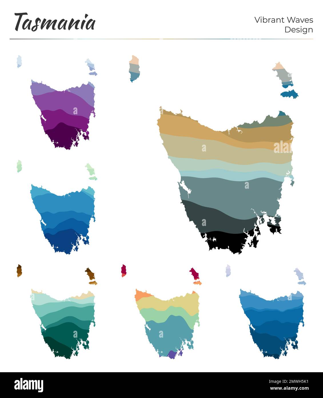 Set of vector maps of Tasmania. Vibrant waves design. Bright map of ...