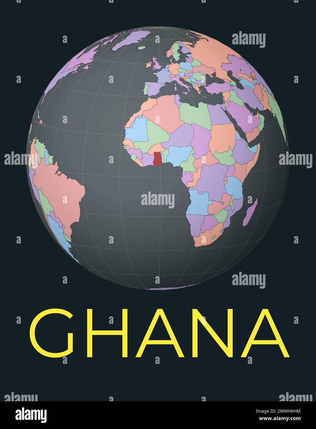 World map centered to Ghana. Red country highlighted. Satellite world
