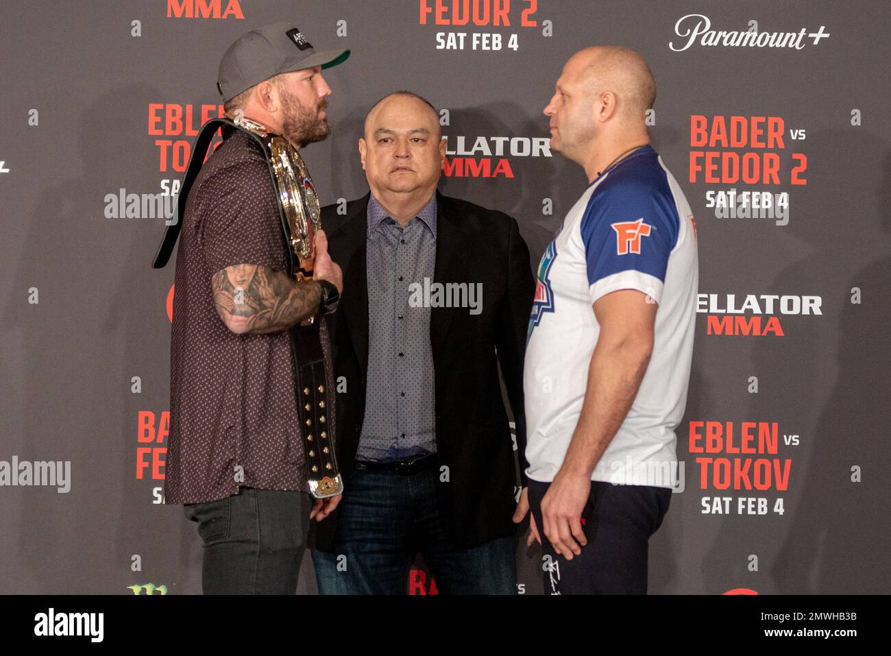Los Angeles, California - February 1st: Ryan Bader and Fedor Emelianenko, Face Off ahead of their Bellator Middleweight Championship fight at Bellator 290 Bader vs Fedor 2 at The Forum on February 4th, 2023 in Los Angeles, California, United States. (Photo by Matt Davies) Stock Photo