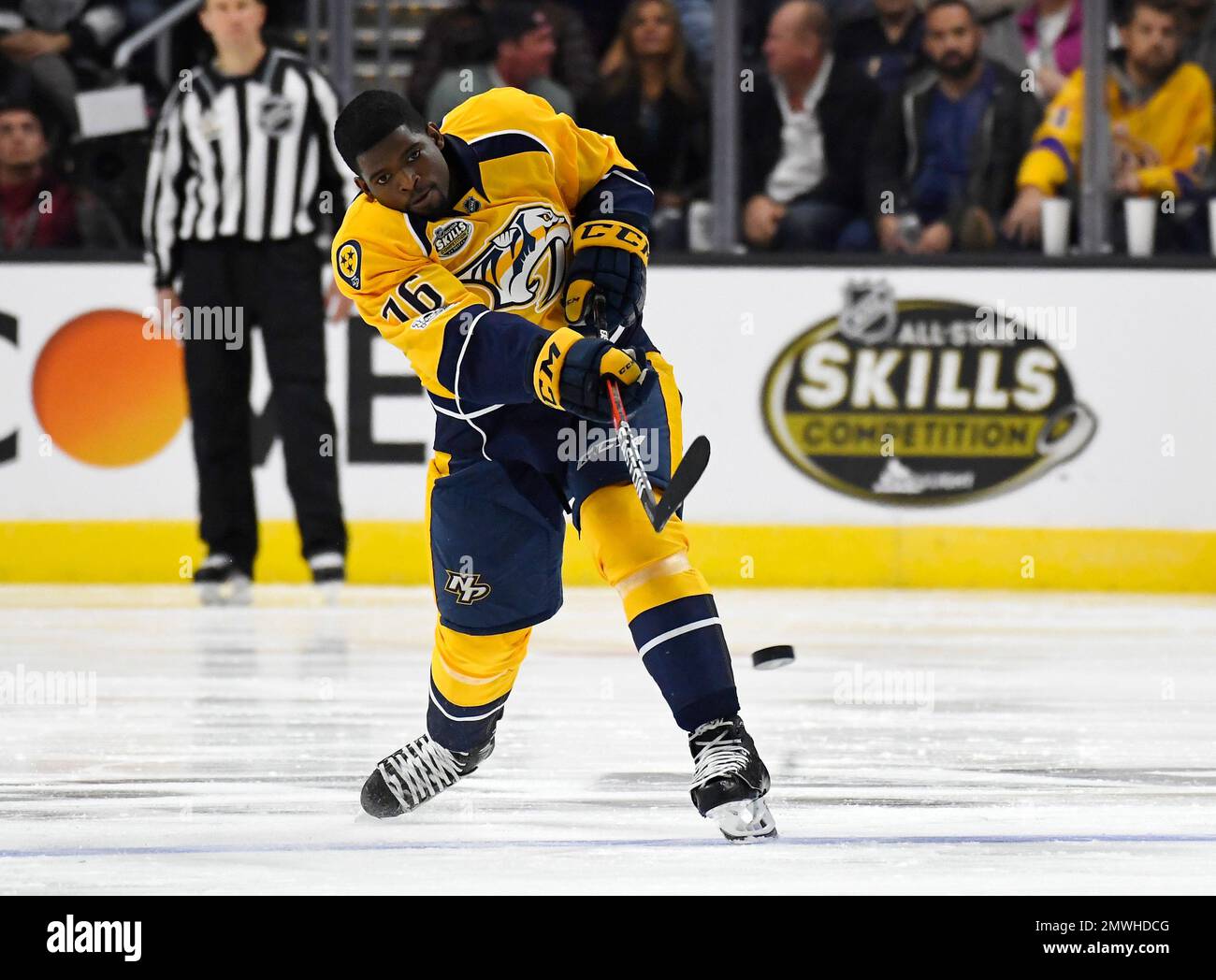 Nashville Predators P.K. Subban shoots the puck during the Four Line Challenge portion of the NHL All-Star Skills Competition, Saturday, Jan. 28, 2017, in Los Angeles
