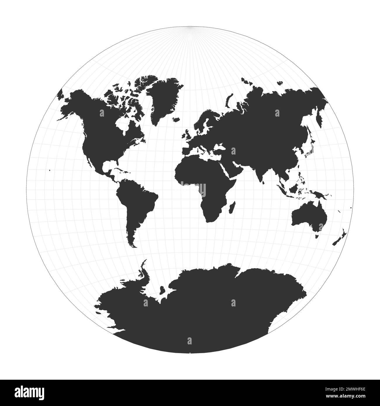 Map of The World. Van der Grinten projection. Globe with latitude and longitude net. World map on meridians and parallels background. Vector illustrat Stock Vector