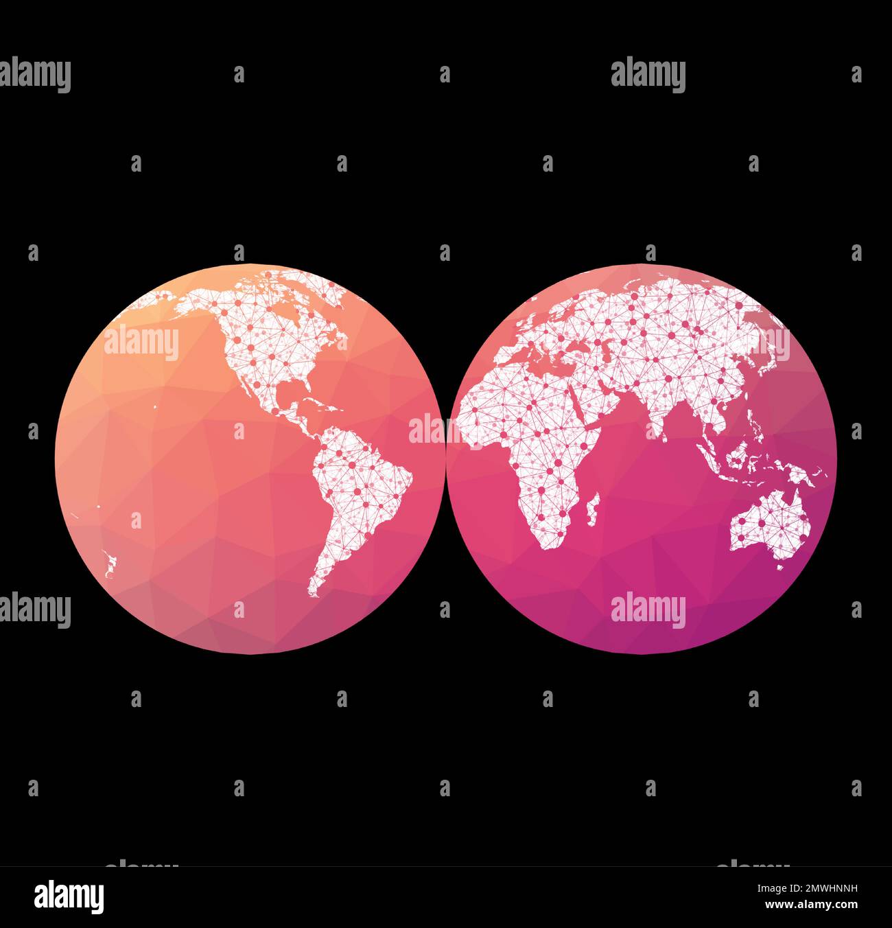 World network map. Mollweide projection interrupted into two (equal-area) hemispheres. Wired globe in Interrupted Mollweide Hemispheres projection on Stock Vector