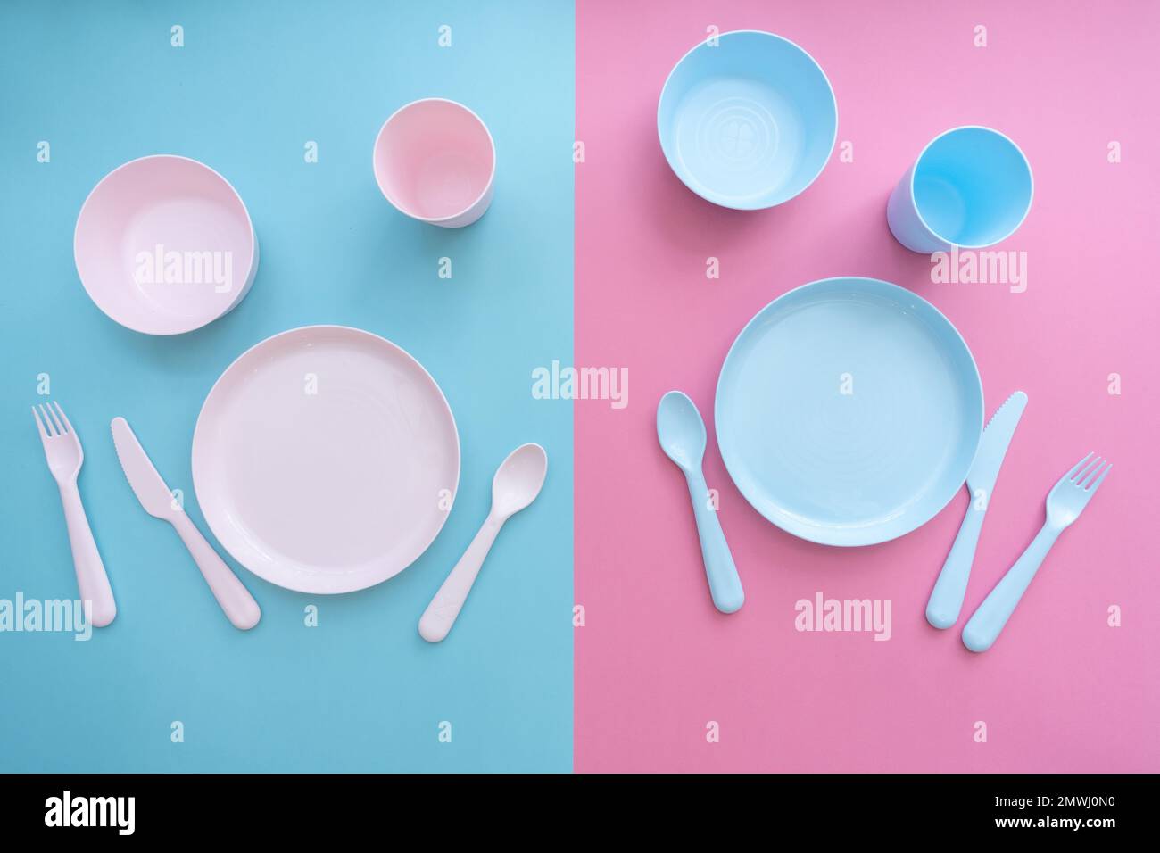 https://c8.alamy.com/comp/2MWJ0N0/flat-lay-baby-feeding-set-sippy-cup-plate-bowl-cutlery-on-pastel-pink-and-blue-background-toddler-self-feeding-training-baby-weaning-concept-2MWJ0N0.jpg