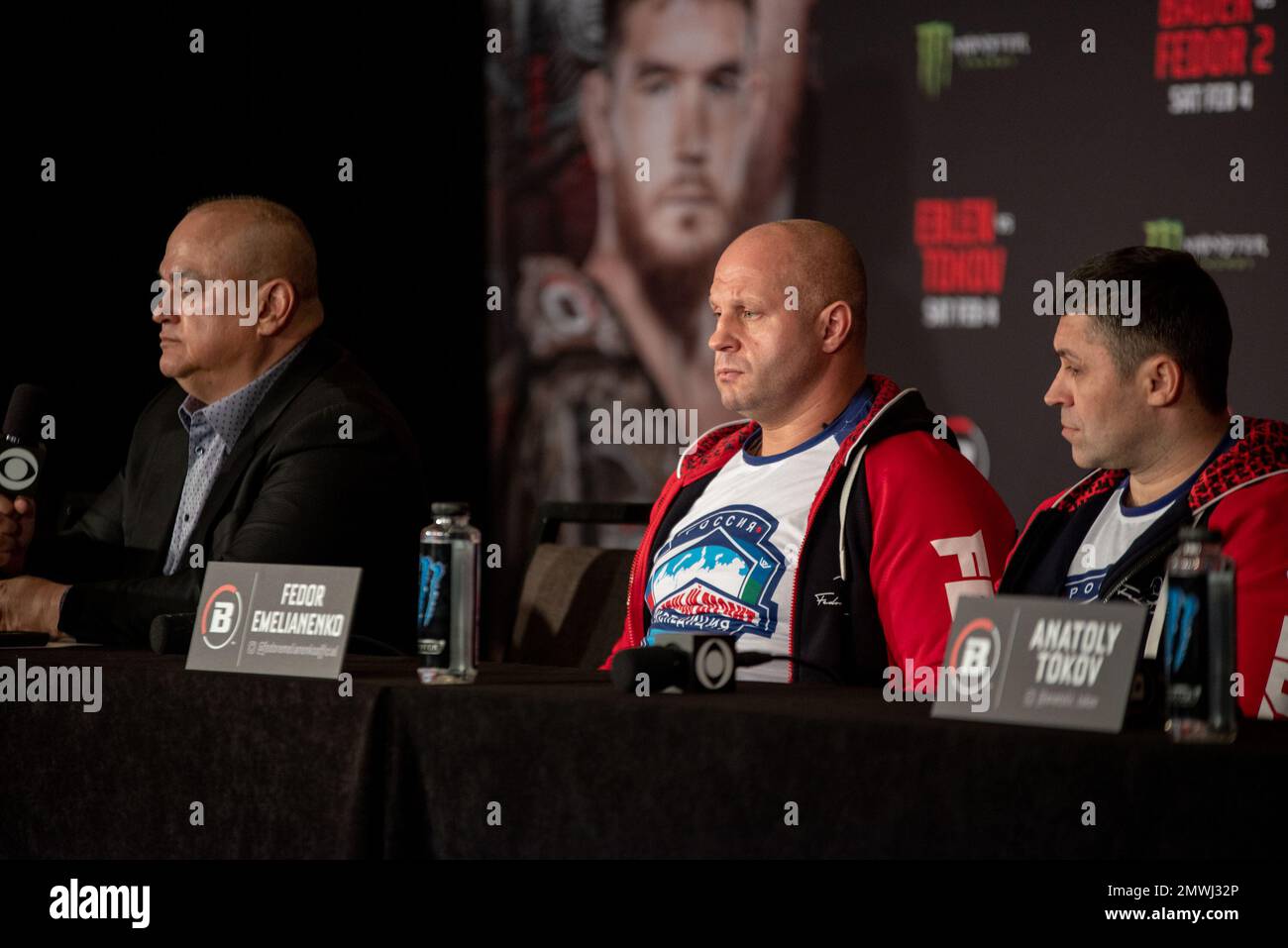 Los Angeles, CA, California, USA. 1st Feb, 2023. Los Angeles, California - February 1st: Fedor Emelianenko, Bellator Heavyweight Title Challenger addresses the press ahead of Bellator 290 Bader vs Fedor 2 at The Forum on February 4th, 2023 in Los Angeles, California, United States. (Credit Image: © Matt Davies/PX Imagens via ZUMA Press Wire) EDITORIAL USAGE ONLY! Not for Commercial USAGE! Stock Photo