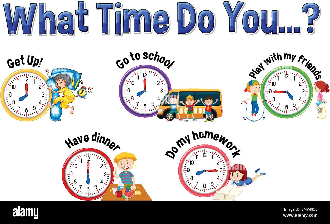 Daily routine with time and cartoon characters illustration Stock ...