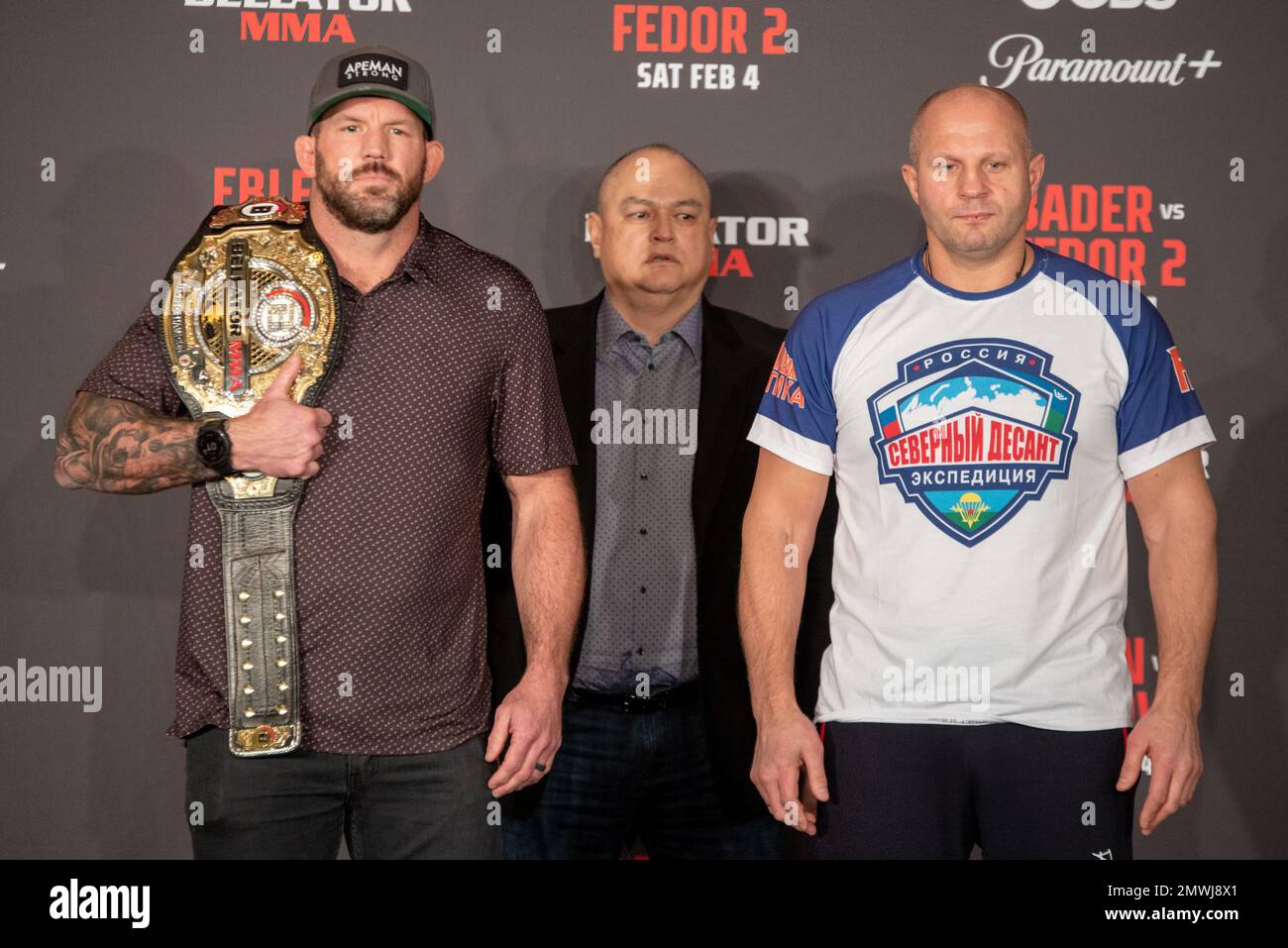 Los Angeles, CA, California, USA. 1st Feb, 2023. Los Angeles, California - February 1st: Ryan Bader and Fedor Emelianenko, Face Off ahead of their Bellator Middleweight Championship fight at Bellator 290 Bader vs Fedor 2 at The Forum on February 4th, 2023 in Los Angeles, California, United States. (Credit Image: © Matt Davies/PX Imagens via ZUMA Press Wire) EDITORIAL USAGE ONLY! Not for Commercial USAGE! Stock Photo