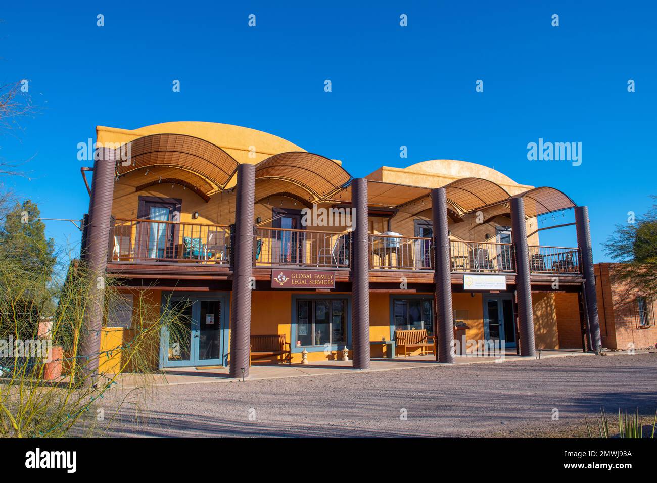 Historic adobe style buildings featured with handcraft arts around Tubac Plaza in historic town center of Tubac, Santa Cruz County, Arizona AZ, USA. Stock Photo