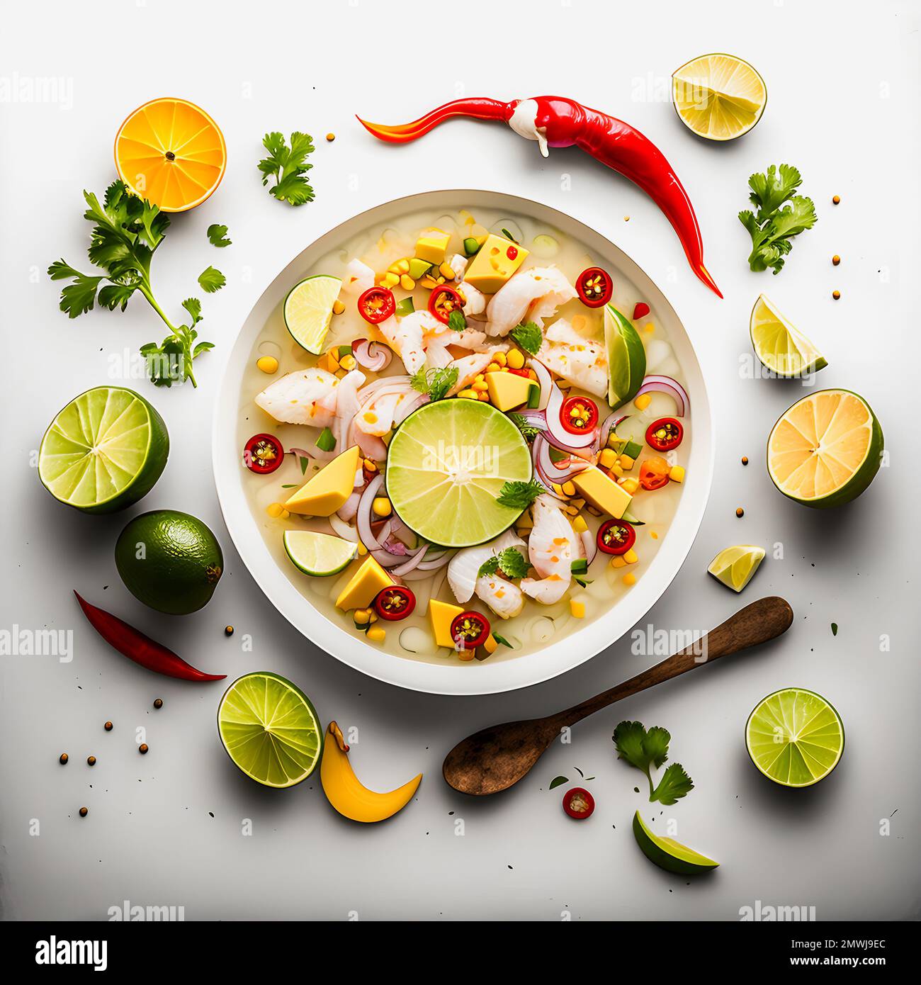 stunning Ceviche on white background food photography. Highlight the vibrant flavors of Latin America's beloved dish in a minimalistic and sophisticat Stock Photo