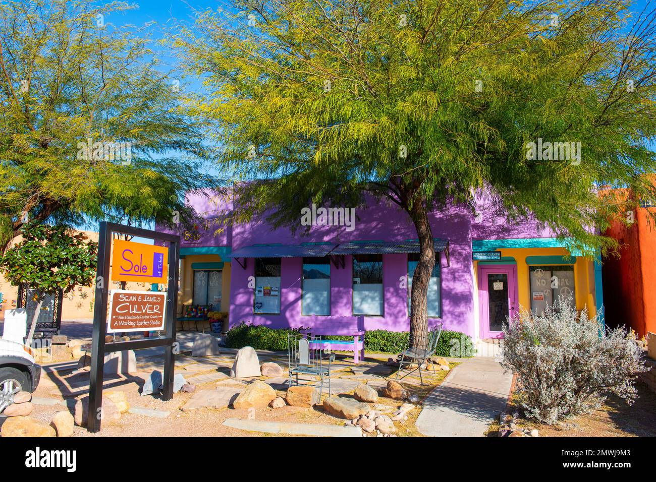 Historic adobe style buildings featured with handcraft arts around Tubac Plaza in historic town center of Tubac, Santa Cruz County, Arizona AZ, USA. Stock Photo