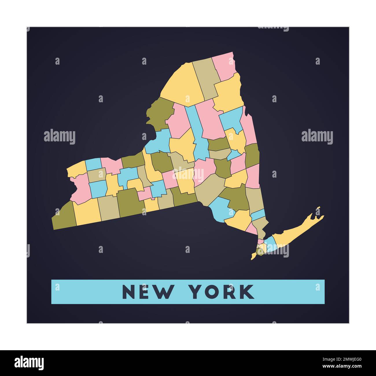 New York map. Us state poster with regions. Shape of New York with us