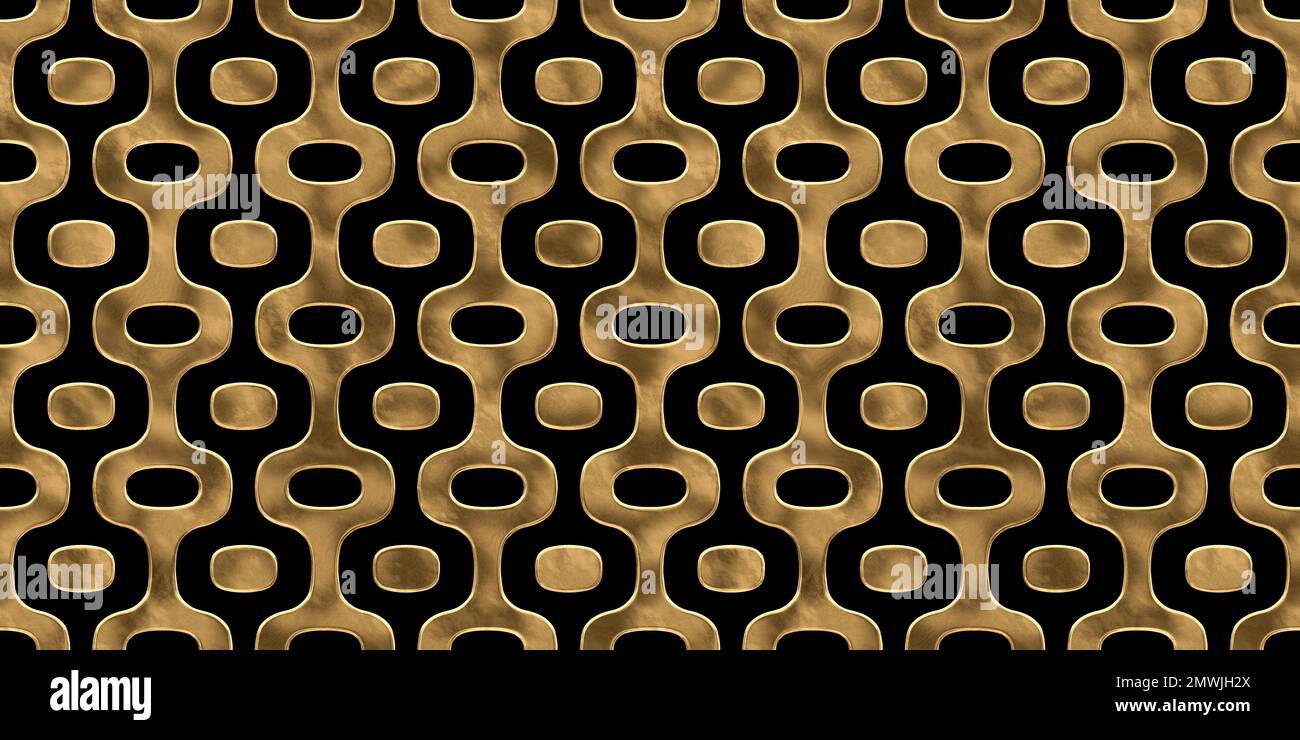 Seamless golden Mid Century Modern rounded ogee circle and stripe pattern. Vintage abstract geometric gold plated relief on dark black background. Ret Stock Photo