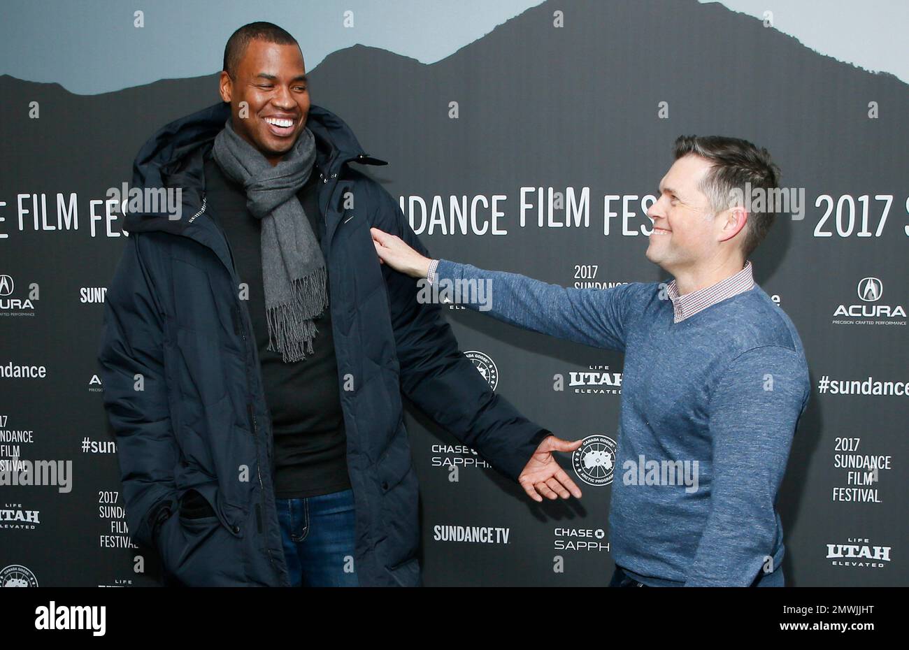 Film producer Brunson Green, right, and his boyfriend, former NBA  basketball player Jason Collins, left, pose together at the premiere of  Walking Out during the 2017 Sundance Film Festival on Saturday, Jan.