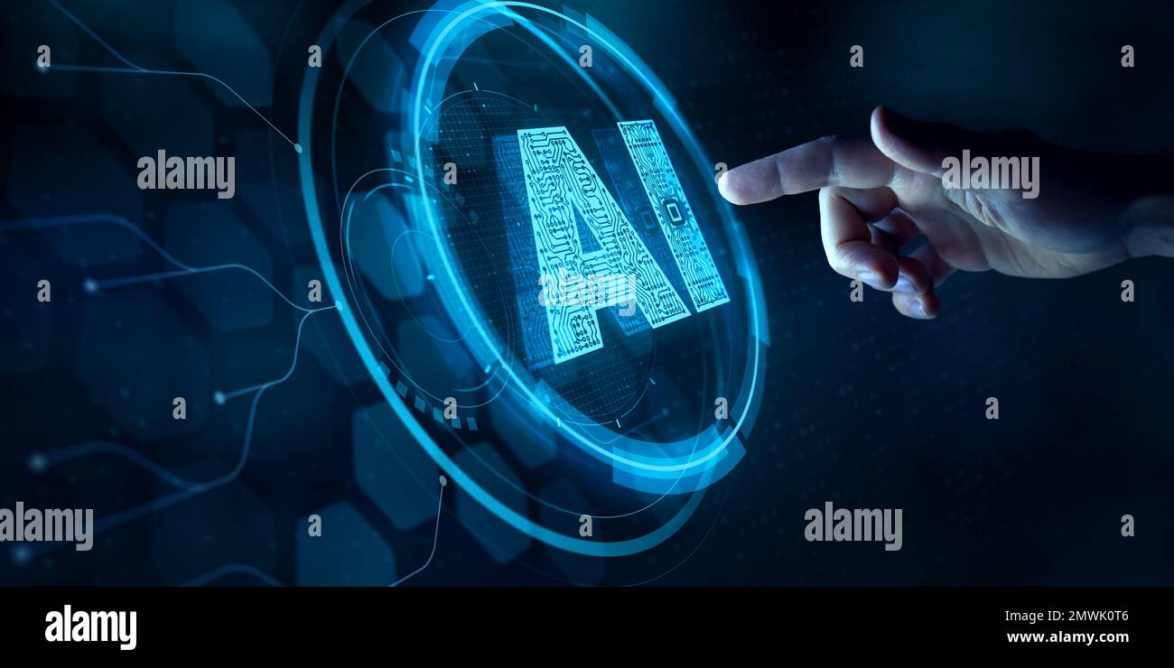 Artificial intelligence and machine learning technology with finger touching AI button on virtual screen interface. Engineer working with chatbot, sma Stock Photo