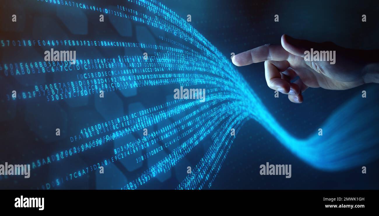 Big data technology and data science with person touching data flowing on virtual screen. Business analytics, artificial intelligence, machine learnin Stock Photo