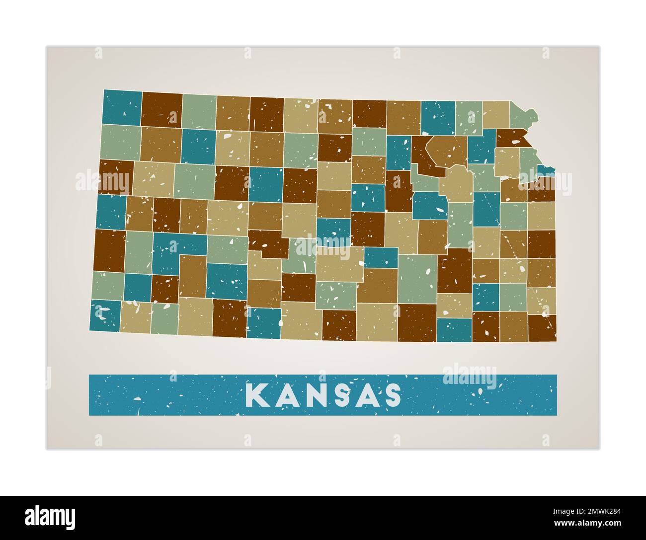 Kansas map. Us state poster with regions. Old grunge texture. Shape of