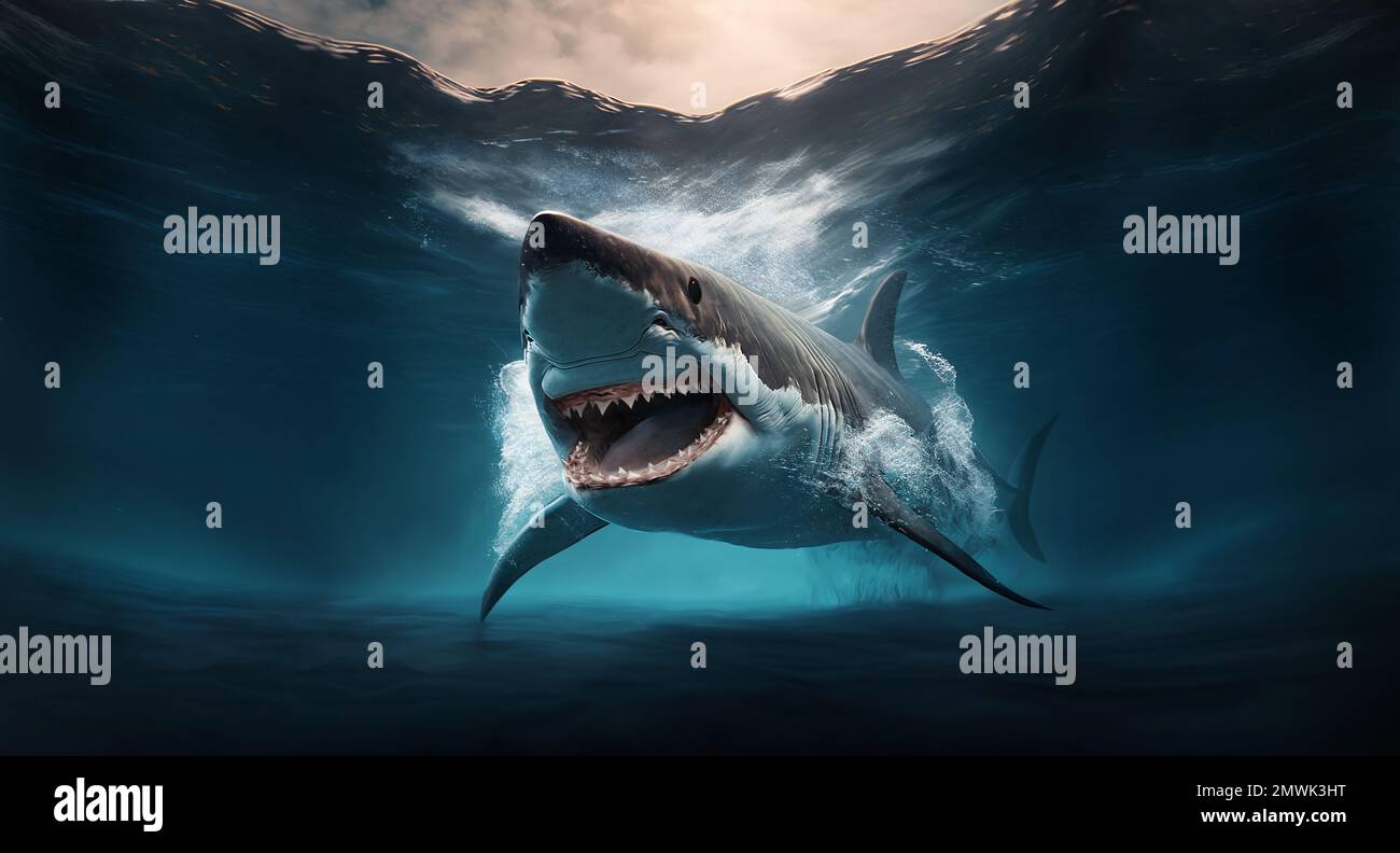 aggressive shark in deep ocean waters Stock Photo