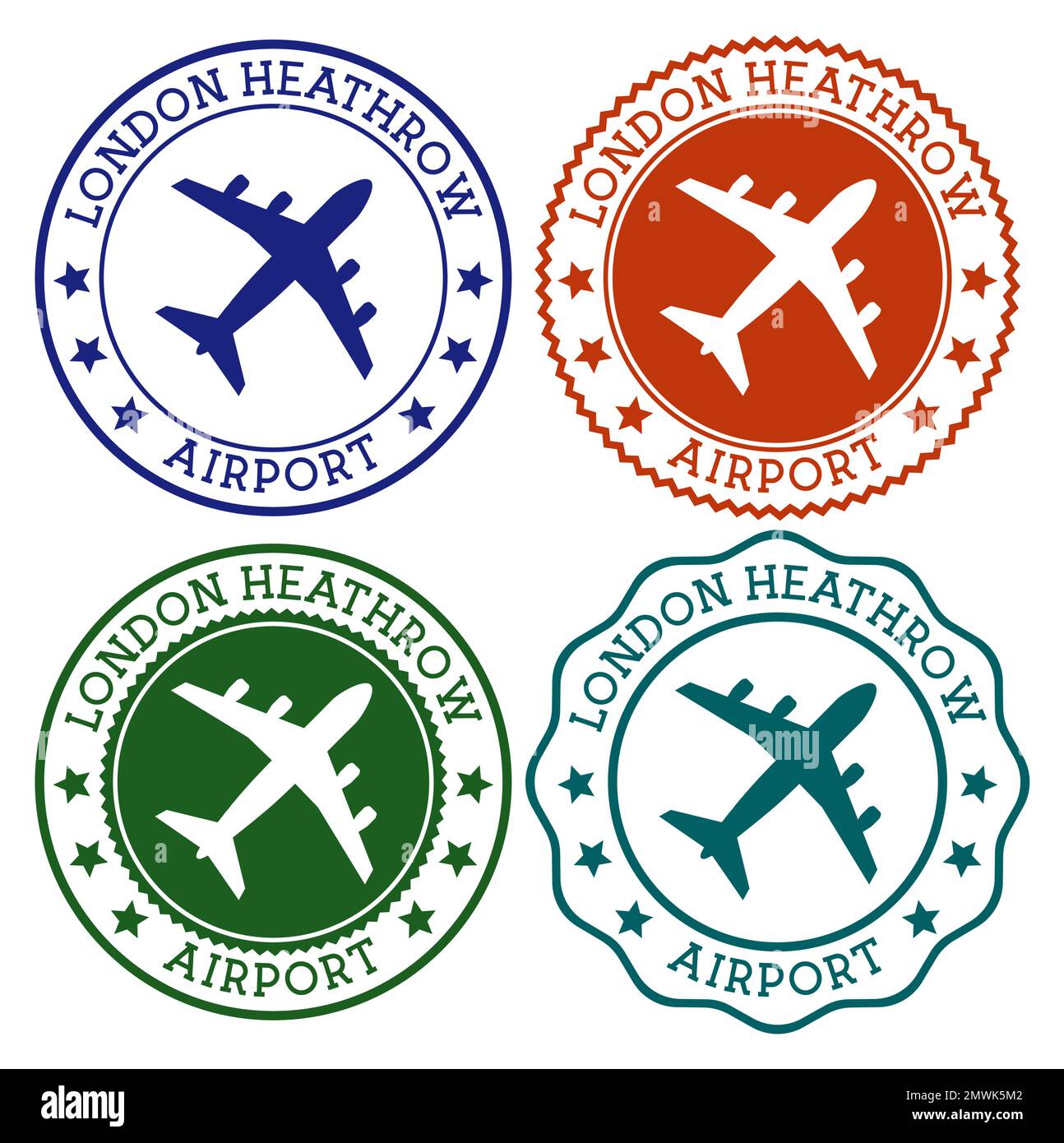 London Heathrow Airport. London airport logo. Flat stamps in material color palette. Vector illustration. Stock Vector