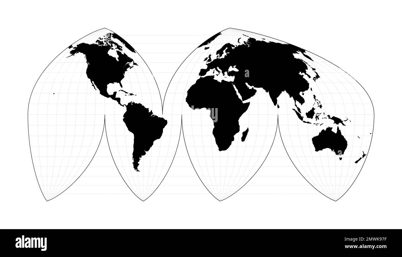 World map with meridians. Bogg's interrupted eumorphic projection. Plan world geographical map with graticlue lines. Vector illustration. Stock Vector