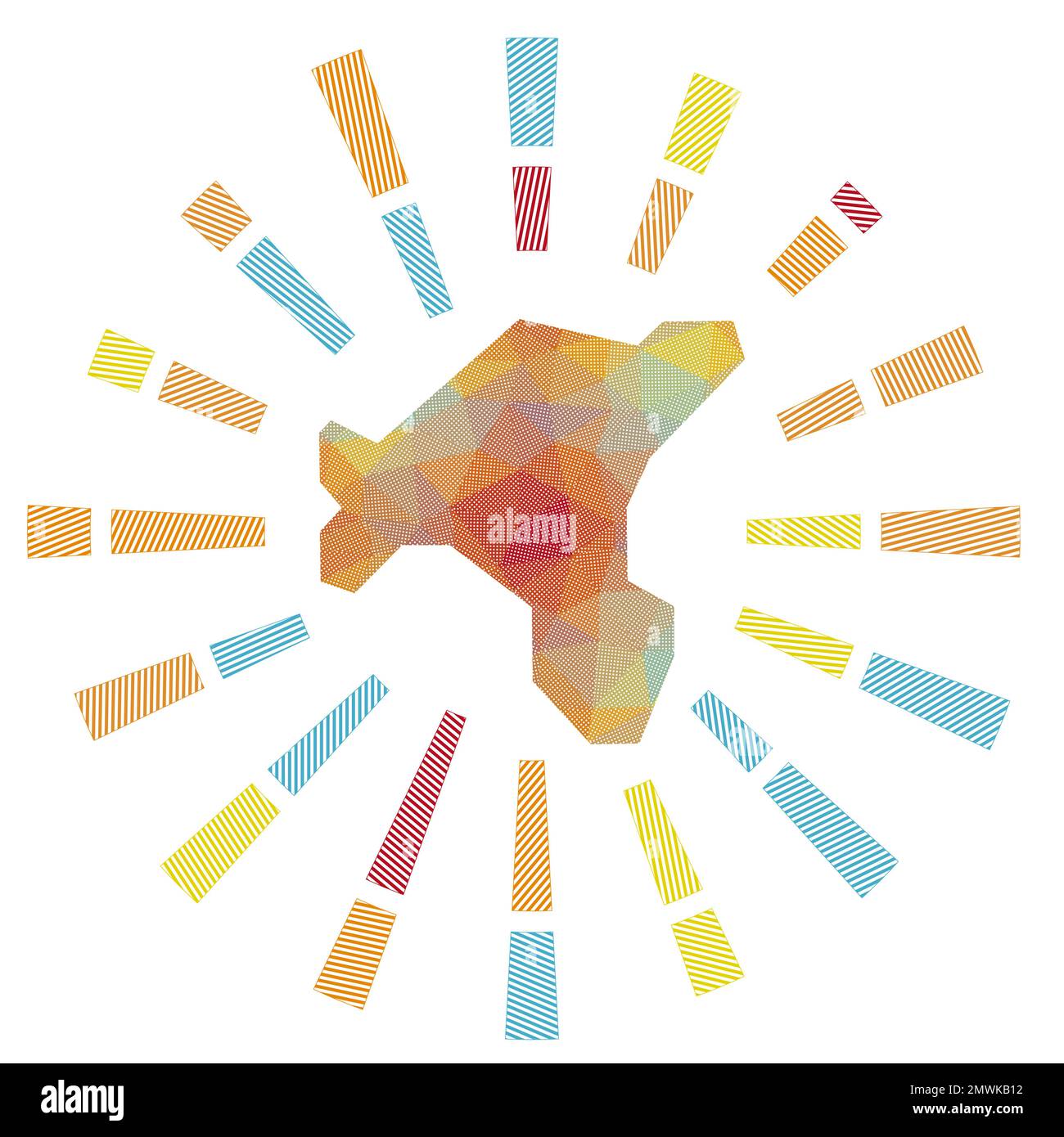 Salt Island sunburst. Low poly striped rays and map of the island