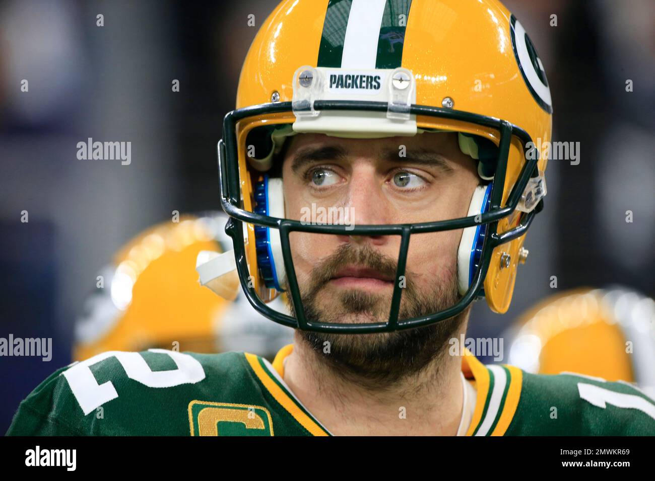 Green Bay Packers' Aaron Rodgers is seen before an NFL divisional playoff football game against the Dallas Cowboys Sunday, Jan. 15, 2017, in Arlington, Texas. (AP Photo/Ron Jenkins) Stock Photo